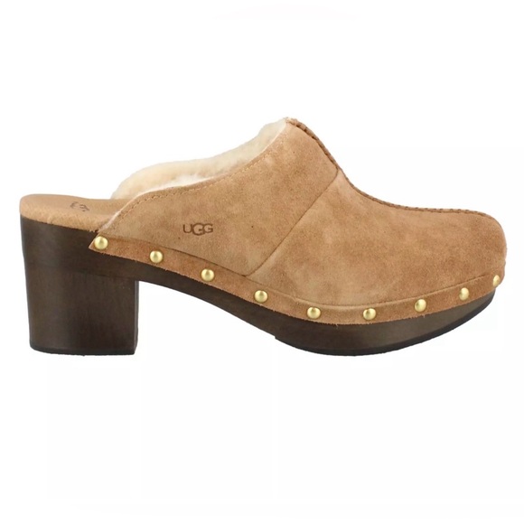 UGG Shoes - UGG Chestnut Brown Suede Kassi Sherpa Lined Slip On Clogs Heels Size 6